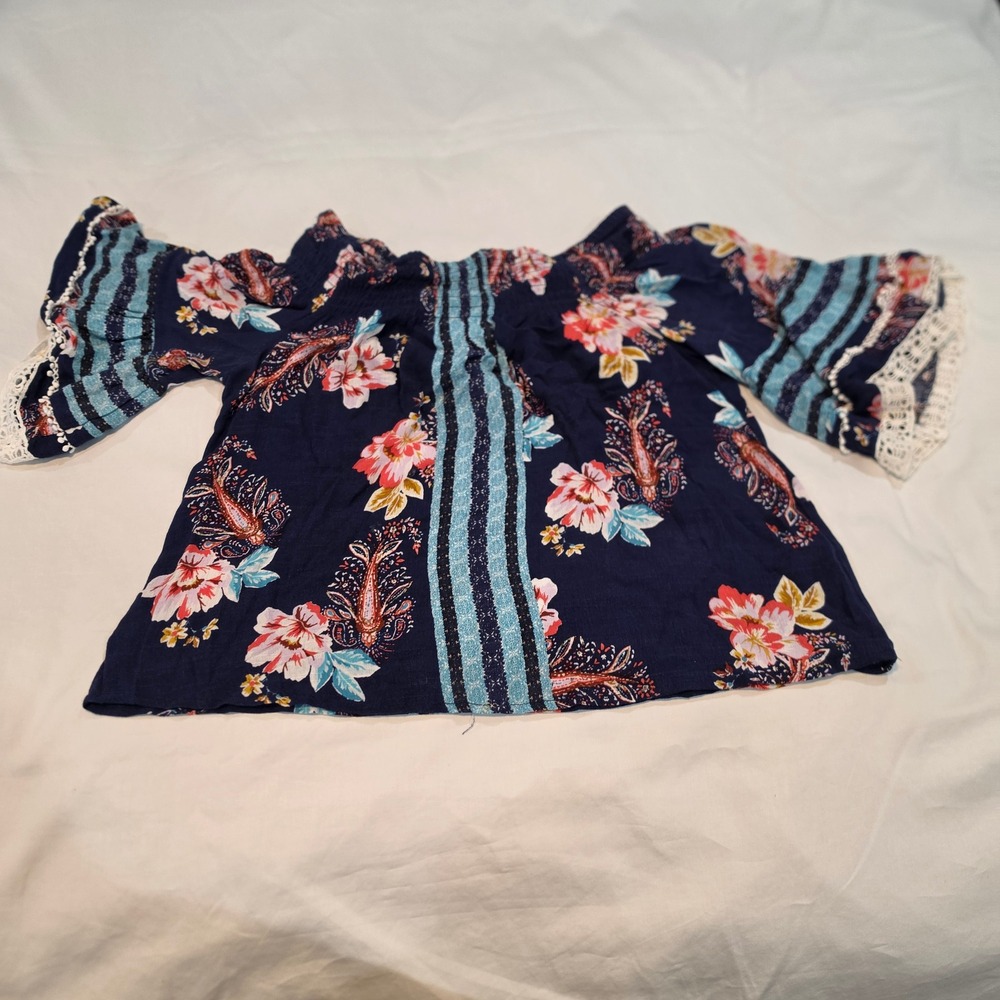 Haute Project Off Shoulder Top Womens Medium Navy Floral Paisley Lace Excellent